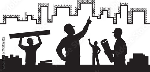 Construction Site Silhouette with Engineers and Building Structures