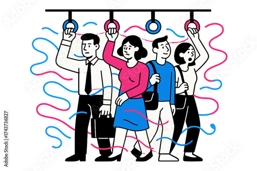 Dynamic Commuter Abstract. Standing Room Only. Commuters holding glowing handles above, abstract wave lines floating around symbolizing tightness and motion.