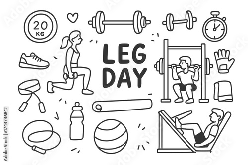 Leg Day Essentials. Leg day. Hand-drawn doodle illustration leg day dumbbell, barbell, squat rack, lunges, leg press machine, resistance band, yoga mat, water