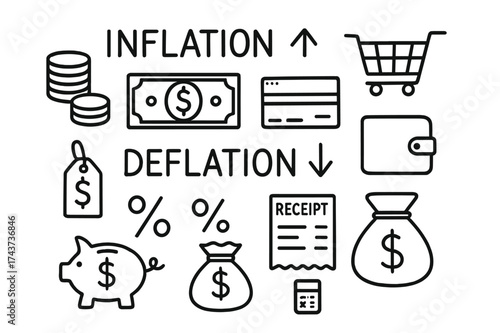 Inflation vs Deflation Doodles. Inflation vs Deflation. Hand-drawn doodle illustration Inflation vs Deflation up arrow, down arrow, coin stack, dollar bill,