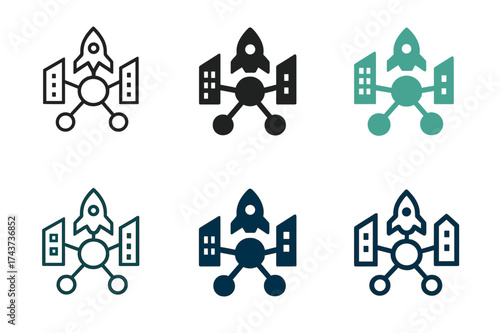 Startup Logo Variations. Investing in startups. Set Logo of incubator hub: central circle with connecting startup icons. harmonious logo variations of the same