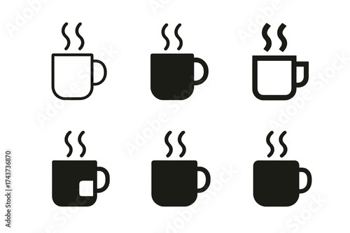 Ceramic Mug Logos. Creating custom ceramic mugs and cups. Set Logo of steaming mug: simple mug with rising steam lines. harmonious logo variations of the same