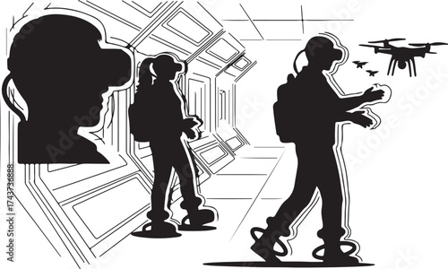 Futuristic silhouette of people using virtual reality headsets and drones in a modern interior space