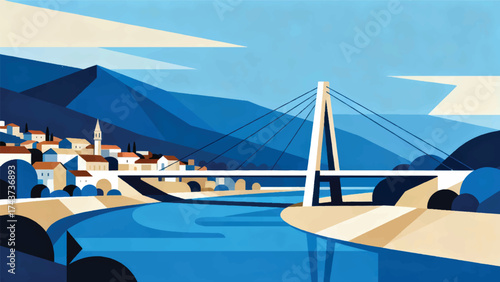 Illustration Of The Modern Millennium Bridge Over The Moraca River With A Small Town And Mountains Around Vector Design Template