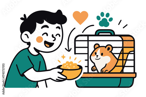 Child Feeding Hamster. Caring for pets. Child smiling while offering glowing food to hamster inside a colorful cage. Floating heart and paw icons showing