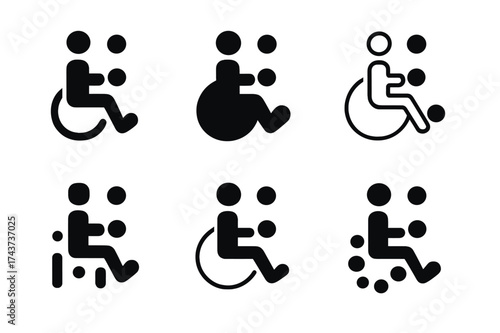 Braille Accessibility Logos. Designing for accessibility in urban environments. Set Logo of braille signage: dots forming universal accessibility symbol.