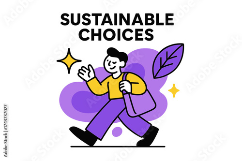 Eco-Conscious Shopping. Sustainable Choices. A glowing shopper with reusable bag, abstract floating leaf and spark shapes symbolizing eco-conscious behavior.