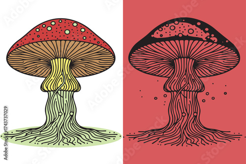 Whimsical Line Art Toadstool with Colorful Glowing Roots