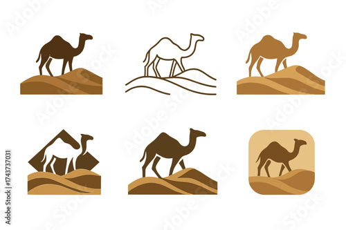 Desert Dune Logos. Travel destinations. Set Logo of desert dune: camel silhouette with rolling sand dunes. harmonious logo variations of the same emblematic
