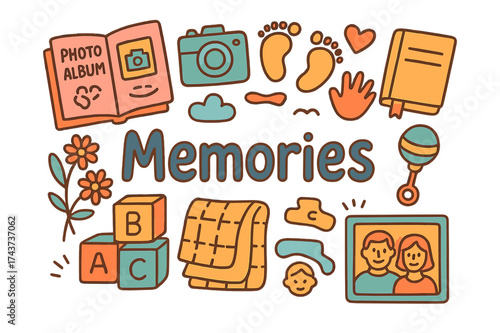 Memories Doodle Art. Memories. Hand-drawn doodle illustration of Memories. photo album, camera, baby