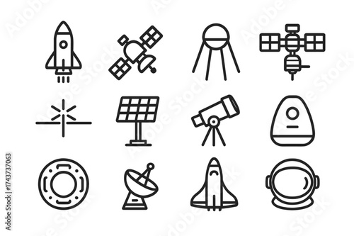 Space Technology Icons. Space technology. Line icon set of Space technology: rocket, satellite, space probe, orbital station, laser beam, solar panels,