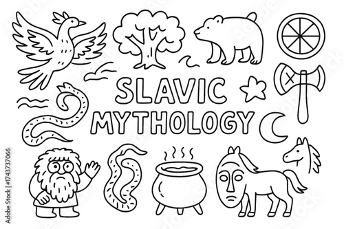 Slavic Mythology Symbols. Slavic Mythology. Hand-drawn doodle illustration of Slavic Mythology. Firebird, bear