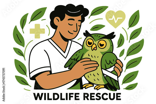 Vet Rescues Injured Owl. Wildlife rescue. Veterinarian gently holding an injured owl while glowing medical