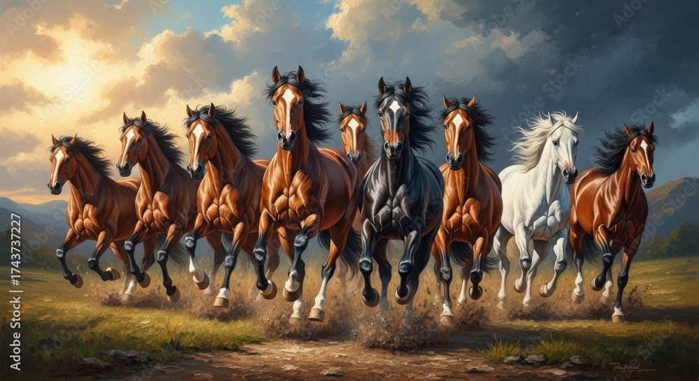Fototapeta premium A herd of varied-colored horses gallops dynamically across a dusty field with distant hills under a cloudy sky illuminated by bright light