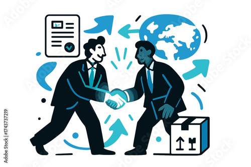 Dynamic Trade Deal. Trade agreements. Business figures shaking glowing hands with floating icons of contracts,