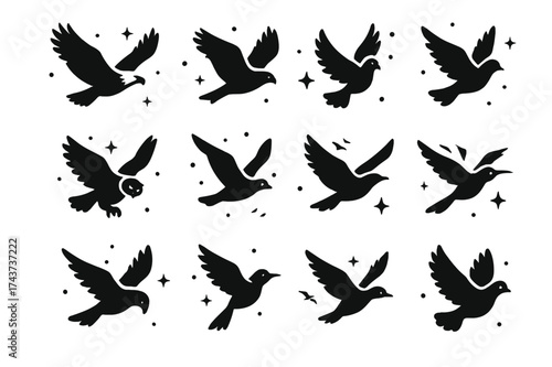 Bird Icons Collection. Birds in Flight. Solid icons set of Birds in Flight: eagle soaring, hawk gliding, dove with wings spread, swallow mid-flight, owl