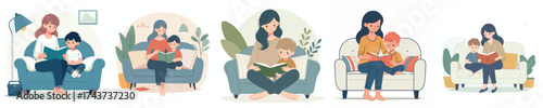 vector of a mother reading a book with her child on the sofa