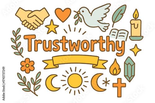 Trustworthy Symbols Doodle. Trustworthy. Hand-drawn doodle illustration of Trustworthy. hands, heart, ribbon,