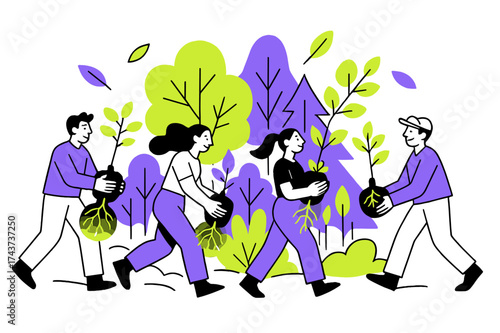 Vibrant Reforestation Scene. Reforestation efforts. People carrying saplings with glowing roots, abstract