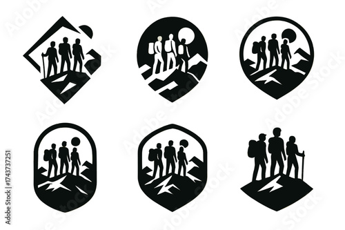 Mountaintop Adventure Logos. Friends hiking in the mountains, enjoying nature and the outdoors together. Set Logo of summit view: friends standing on peak