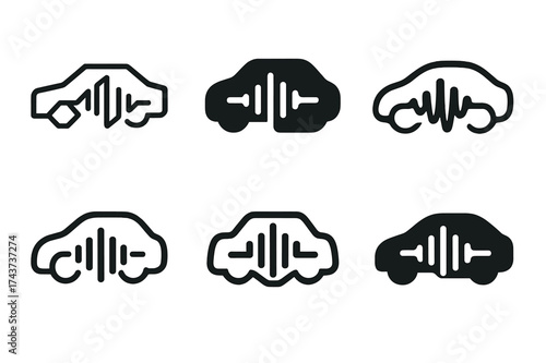 Smart Car Logos. In-car voice assistant prompt. Set Logo of smart car: vehicle outline with digital voice wave. harmonious logo variations of the