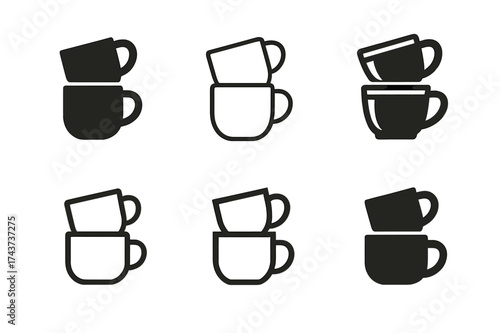 Creative Mug Logos. Creating custom ceramic mugs and cups. Set Logo of stacked cups: two mugs stacked in playful arrangement. harmonious logo variations of the