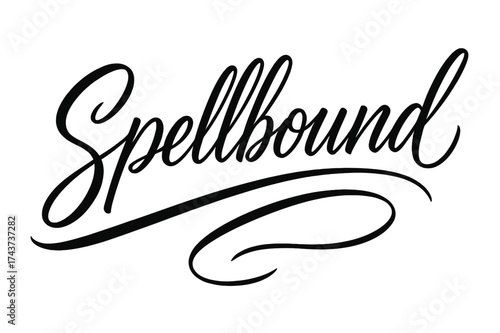 Spellbound Script Magic. Spellbound ? Script Hand-Lettering: fluid brush script with thin connectors and strong contrast strokes; diagonal sweeping baseline;