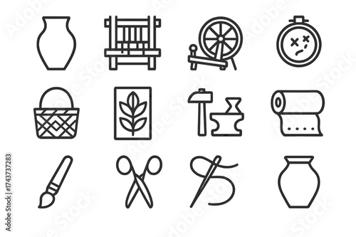 Traditional Crafts Icons. Traditional crafts. Line outline icon set of traditional crafts: pottery, weaving