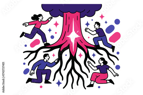 Rooted Resilience. Rooted strength. A giant glowing tree trunk above, massive roots spreading below, abstract sparkles showing foundation and resilience.