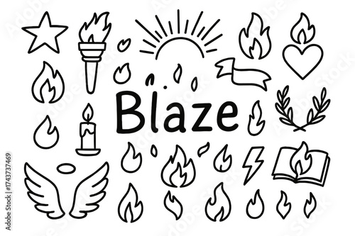 Blaze Symbol Doodle. Blaze. Hand-drawn doodle illustration of Blaze. fire, torch, flames, star, heart, ribbon,