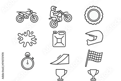 Motocross Icon Set. Motocross racing. Line icon set of motocross racing: dirt bike, rider, helmet, tire, mud splash, ramp, fuel can, checkered flag, stopwatch,