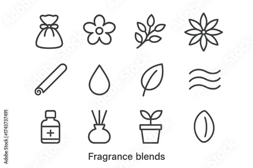 Fragrance Blend Icons. Fragrance blends. Line outline icon set of fragrance blends: sachet bag, flower, herb