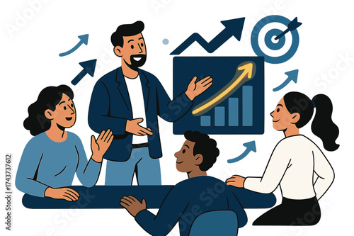 Dynamic Sales Growth Scene. Managerial skills in sales and marketing departments. Manager presenting glowing sales chart to team. Floating arrow and target