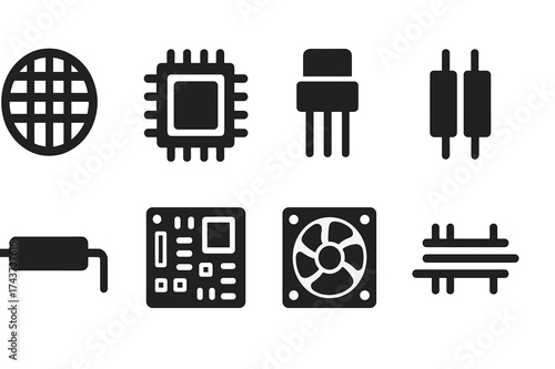 Semiconductor Icon Set. Semiconductors. Filled icon set of Semiconductors: silicon wafer, microchip,