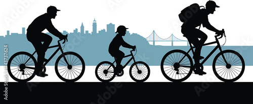 Family Bicycling in Park Silhouette Cityscape