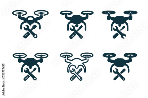 Drone Repair Logos. Robotic maintenance crews. Set Logo of drone repair: flying drone with tool attachments. harmonious logo variations of the same emblematic