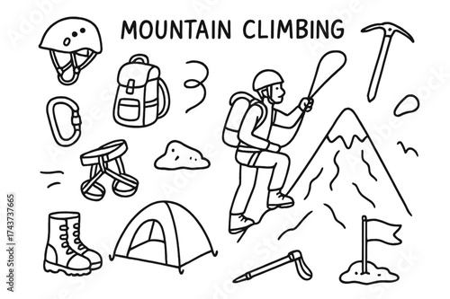 Mountain Climbing Doodle. Mountain Climbing. Hand-drawn doodle illustration mountain climbing climber, mountain peak, rope, helmet, backpack, carabiner, ice