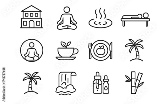 Wellness Icon Set. Wellness retreat. Line icon set of Wellness retreat: spa building, yoga pose, hot spring, massage bed, meditation circle, herbal tea,