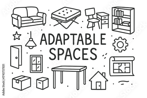Adaptable Spaces Doodles. Adaptable Spaces. Hand-drawn doodle illustration of Adaptable Spaces. Sofa, folding