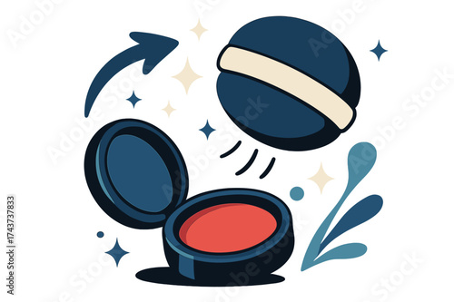 Rouge Box Elegance. Rouge elegance. A small open rouge box with glowing red pigment, puff floating above with abstract sparkles. A delicate nod to vintage