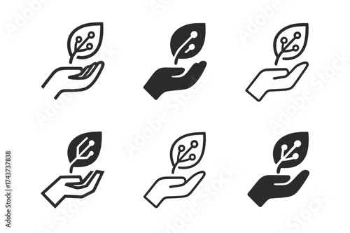 Digital Leaf Logos. Tech for climate action. Set Logo of Tech for climate action: hand holding digital leaf. harmonious logo variations of the same emblematic