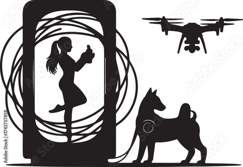 Silhouette of a woman taking a selfie with her dog and a drone flying overhead in a modern artistic design