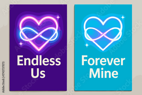 Neon Infinity Love Banners. Eternal. Two vertical A6 banners, bold, neon purple and cyan backgrounds, glowing infinity heart with star accents, first banner