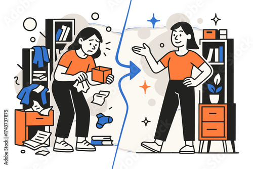 Declutter Transformation Scene. Home organization and decluttering tips. Before-and-after split scene: one