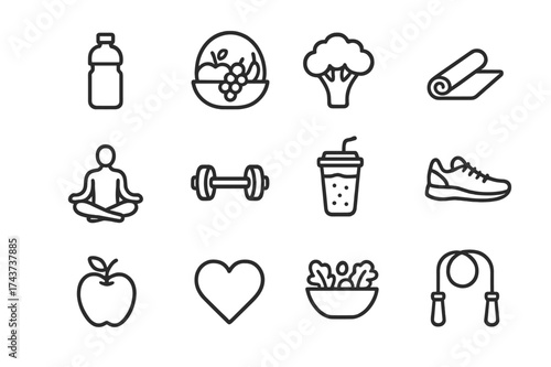 Healthy Living Icons. Healthy living. Line icon set of healthy living: water bottle, fruit basket, vegetable, exercise mat, yoga pose, dumbbell, smoothie,