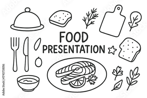 Gourmet Food Doodles. Food presentation. Hand-drawn doodle illustration food presentation serving dish, salmon fillet, lemon slice, dill, bread, olive, plate,