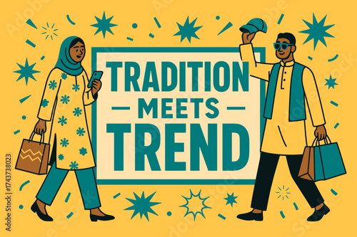 Tradition Meets Trend. TraditionMeetsTrend banner, flat vector illustration, bold oversized text inside rectangular frame, cartoon characters showcasing fusion