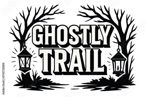 Ghostly Block Design. Ghostly Trail ? Bold Block Lettering, stacked uppercase with chunky geometric serifs, heavy outline and flat 3D shading, framed by