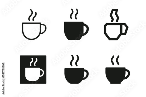 Ceramic Mug Logos. Creating custom ceramic mugs and cups. Set Logo of steaming mug: simple mug with rising steam lines. harmonious logo variations of the same