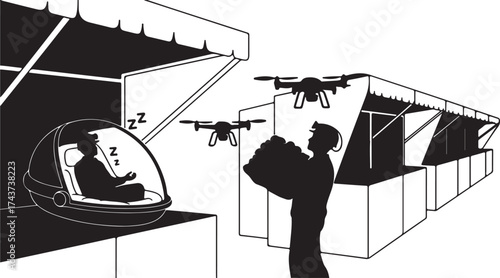 Futuristic urban delivery system showcasing autonomous drones transporting packages to a person and a futuristic pod dwelling